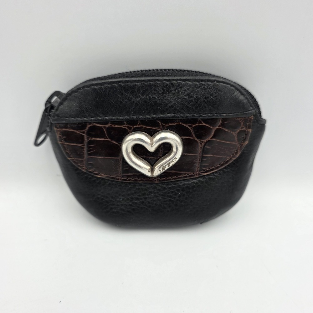 Brighton‎ Black & Brown Leather Heart Coin Purse Mini Pouch Zip Wallet